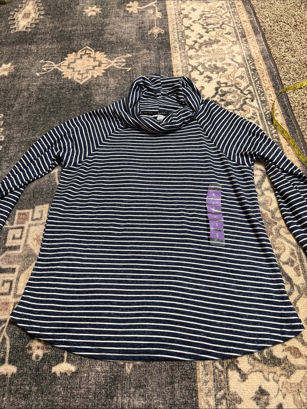 Nicole Miller Navy & White Striped Funnel Neck Long Sleeve Top